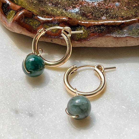 Gold Filled Huggies with Removable Forest Green Jade Charms - Picture 3 of 7